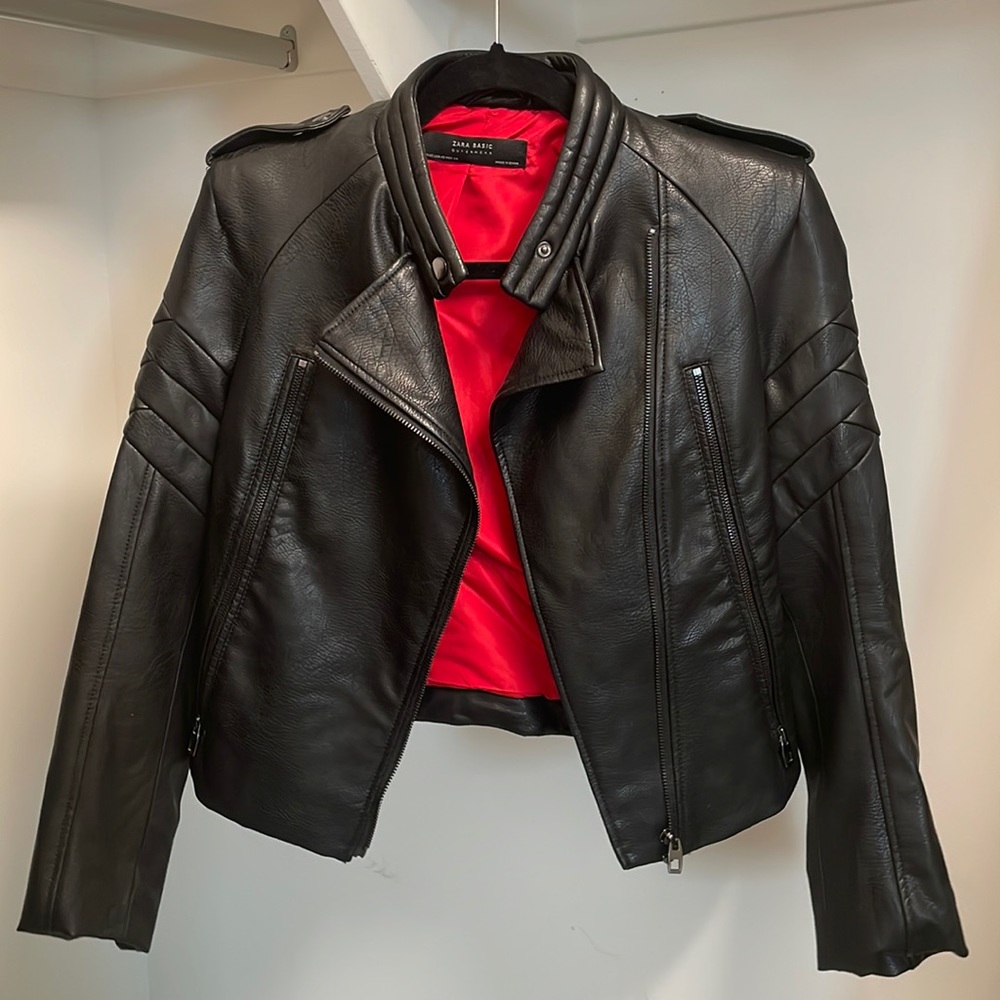 Zara Black Faux Leather Moto Jacket, size XS